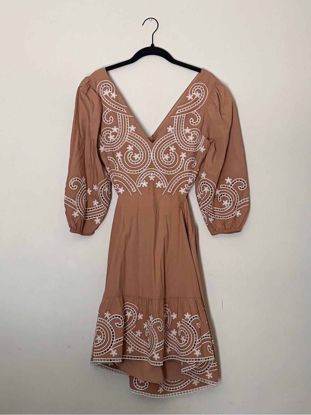 Express Embroidered V-Neck Midi Dress in Tan
